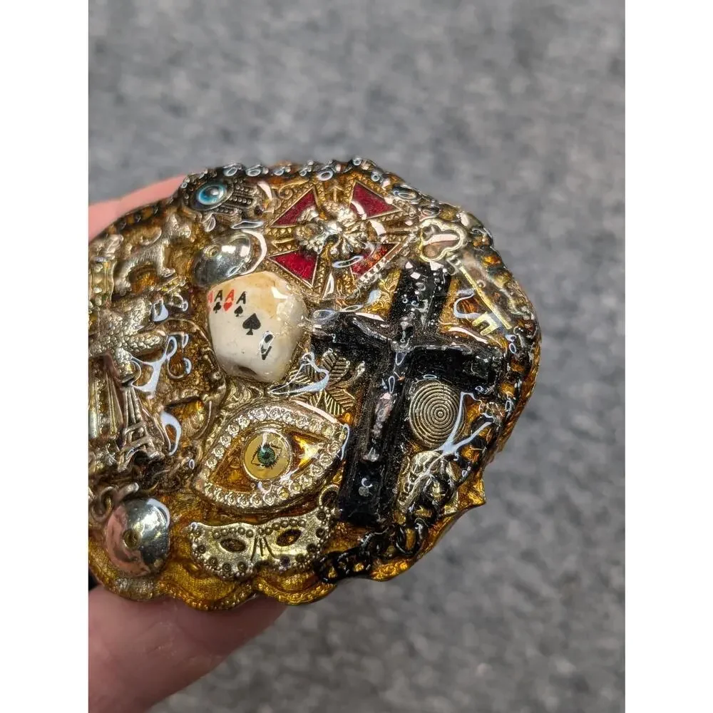 Vintage Artisan Belt Buckle Mixed Media Cross Eye Playing Cards Paris‎ Mask Rare